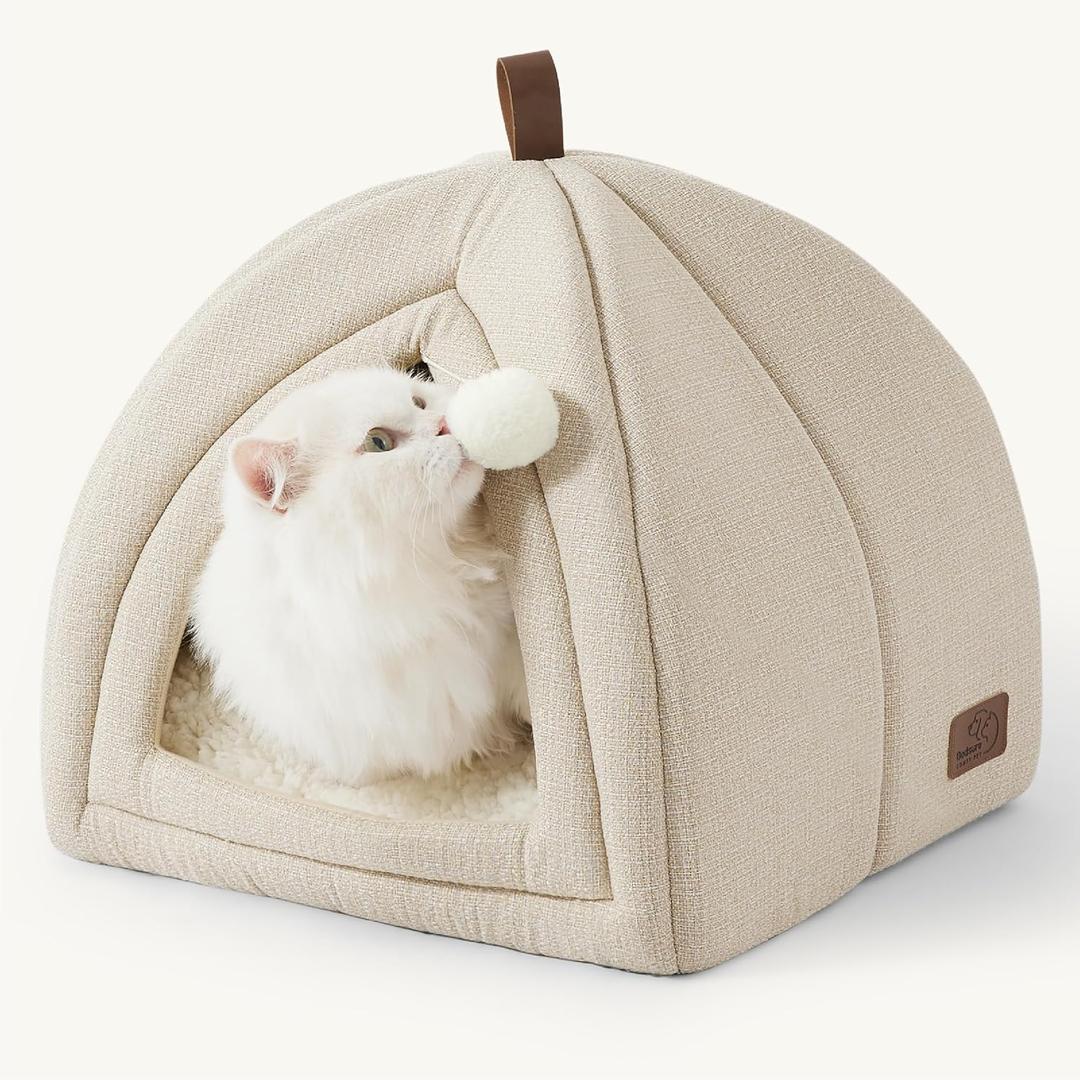 Bedsure Cat Beds for Indoor Cats- 2 in 1 Cat Cave House Tent for Kittens and Small Pets with Removable Washable Cushioned Pillow, Foldable Kitten Hideaway with Non-Slip Bottom, Beige, 16 inches