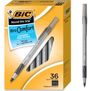 BIC Round Stic Grip Xtra Comfort Ballpoint Pens, Medium Point (1.2mm), Black, Soft Grip For Added Comfort And Control, 36-Count Pack (GSMG361-BLK) (Pack of 18, 648 Count Total)
