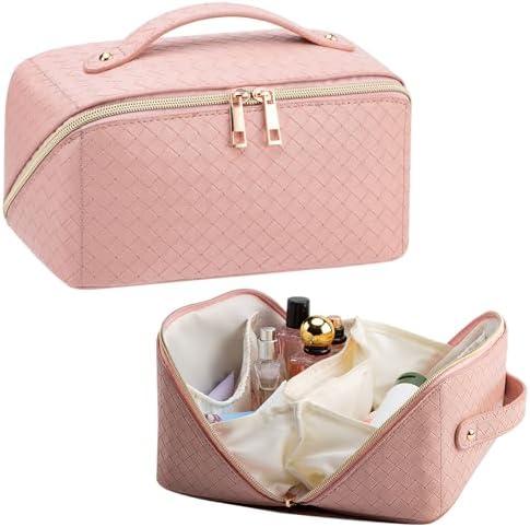 VERNASSA Large Capacity Travel Makeup Bag for Women, Waterproof Portable Cosmetic Bag with Compartments, Foldable Flat Lay Design for Easy Access, Perfect for Toiletries & Beauty Essentials (Pink)