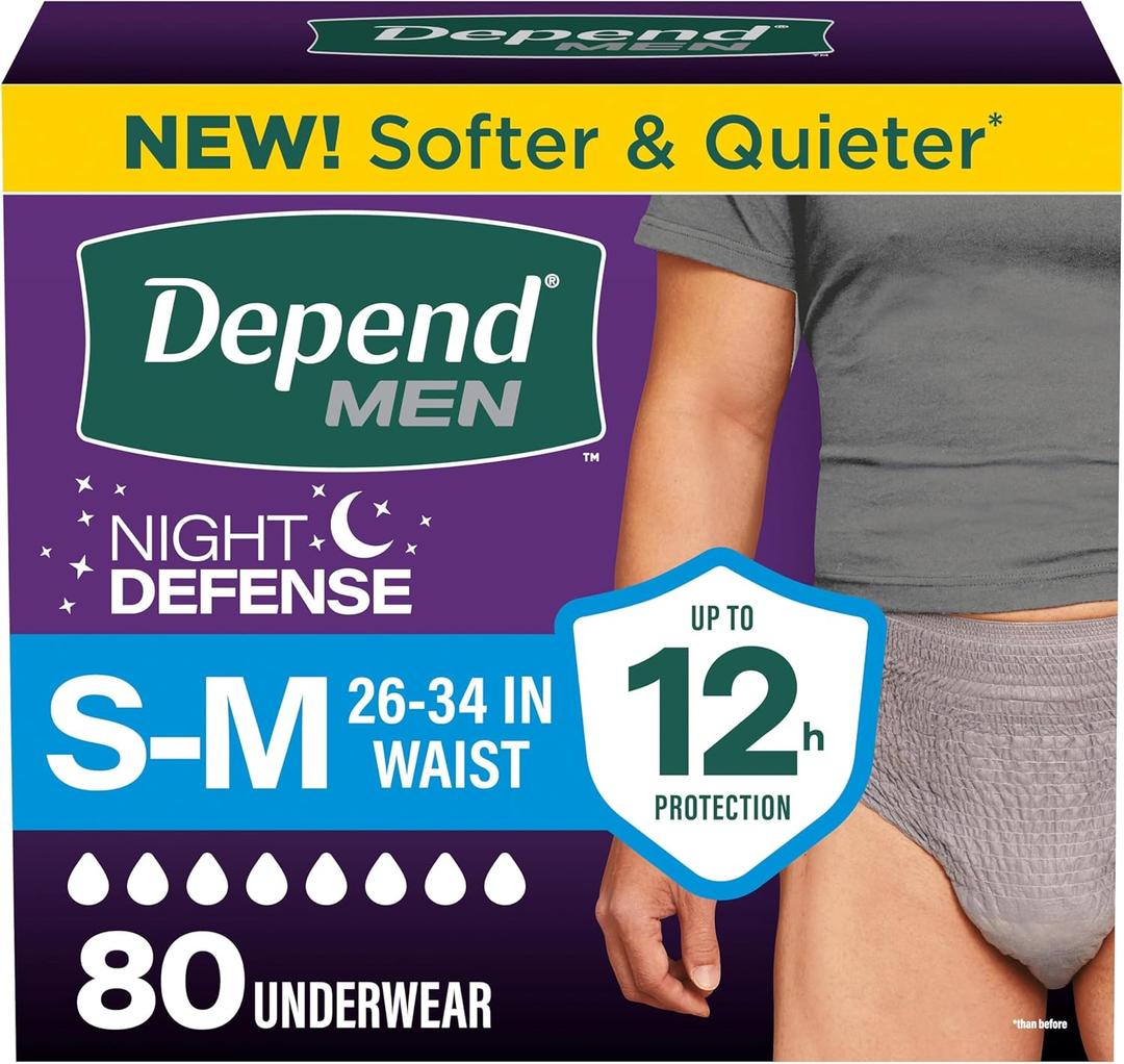 Depend Night Defense Adult Diapers, Incontinence Underwear for Men, Disposable, Overnight, Small/Medium, Grey, 80 Count