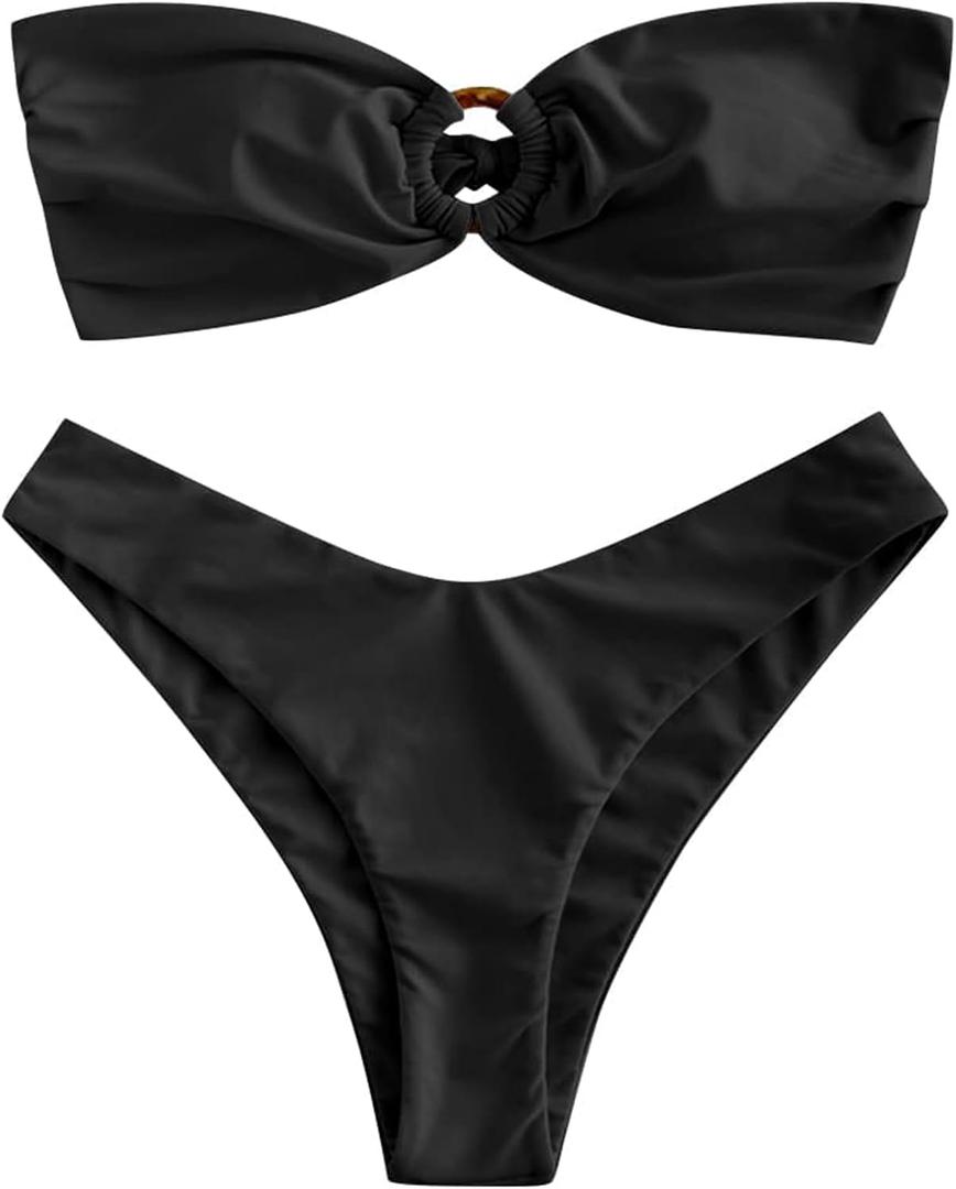 ZAFUL Women's Bandeau Bikini O Ring Strapless Tie Back High Cut Two Piece Swimsuit Bathing Suits (Black, S)