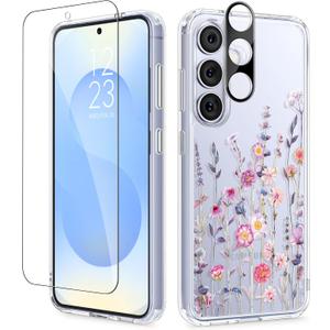 GVIEWIN for Samsung Galaxy S25 Plus Case, Clear Floral Slim Shockproof Protective Women Phone Case, Non-Yellowing, with Screen Protector & Camera Lens Protector for S25 Plus 6.7", Floratopia/Colorful