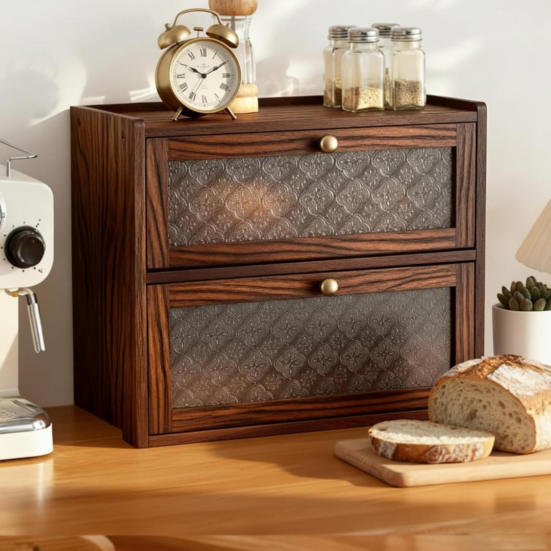 Thyle Vintage Bread Box for Kitchen Countertop Retro Wooden Bread Storage Box 2 Layer Breadbox Holder Large Capacity Storage Container Bin for Kitchen(Brown,14.4 x 13.4 x 9.4 Inches,Rectangle)