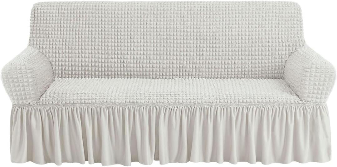 NICEEC Sofa Slipcover Ivory Sofa Cover 1 Piece Easy Fitted Sofa Couch Cover Universal High Stretch Durable Furniture Protector with Skirt Country Style (3 Seater Ivory) (Large)