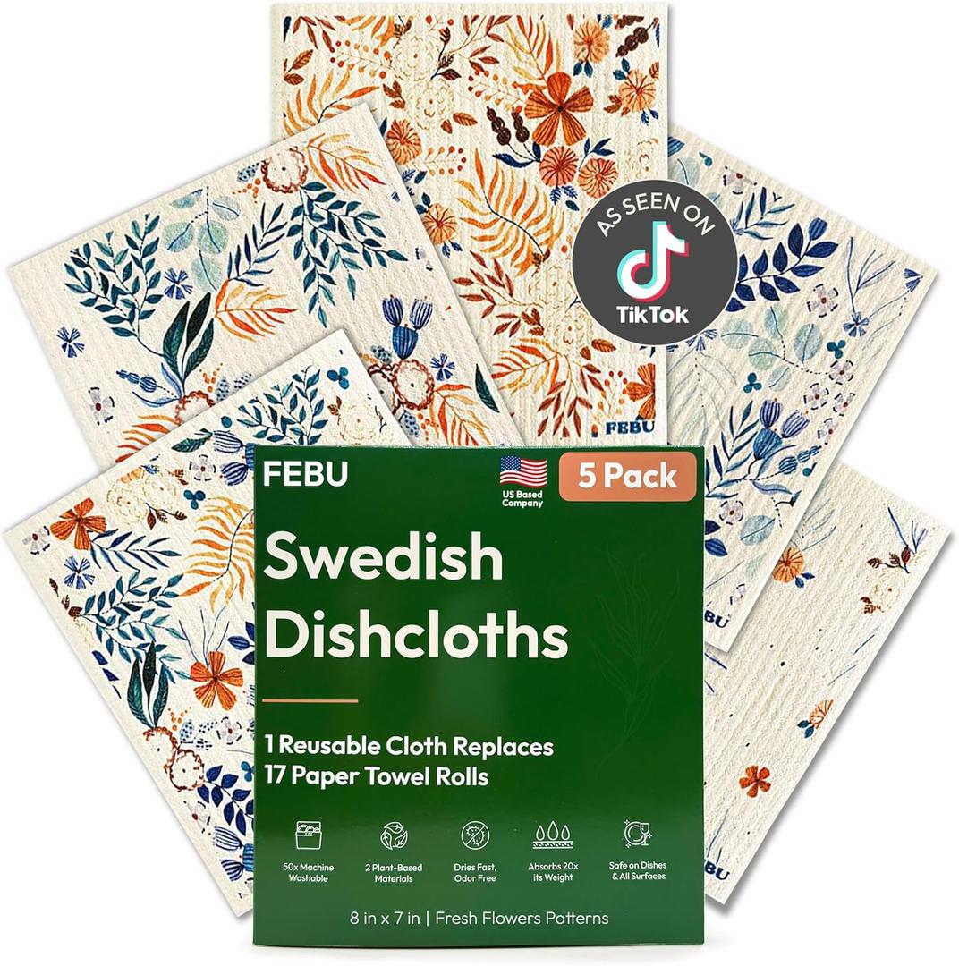 FEBU Swedish Dishcloths for Kitchen | 5 Pack Fresh Flowers Reusable Paper Towels Washable | Swedish Dish Towels | Non-Scratch Cellulose Sponge Cloths | No Odor, Biodegradable Cleaning Cloths