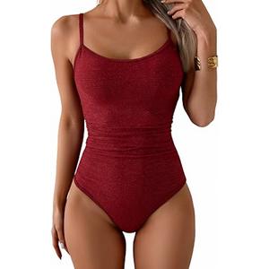 Eomenie Women's One Piece Swimsuit Tummy Control Slimming Bathing Suit Color Block Spaghetti Strap 1 Piece Swim Suit Swimwear (RedWine) M