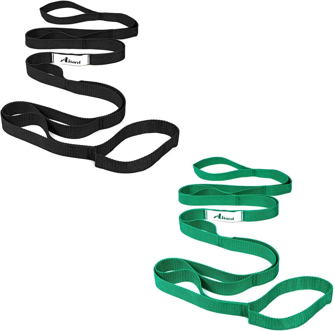Abiarst Stretching Strap Yoga Straps for Physical Therapy, 10 Loops Non-Elastic Stretch Band for Pilates, Flexibility, Exercise and Gymnastics (2-Pack (Black+Green))