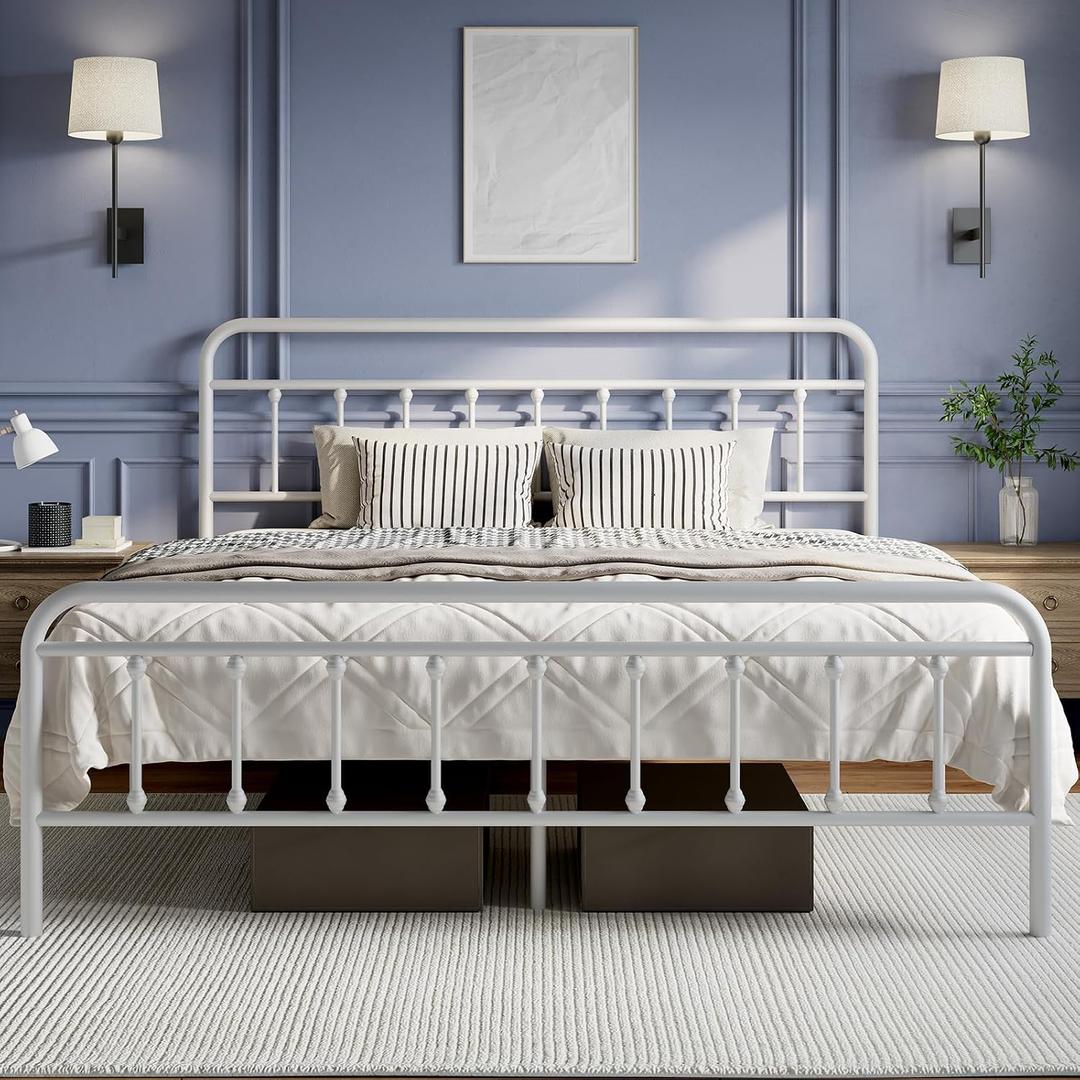Novilla Metal King Size Bed Frame - Modern Minimalist Victorian Style with Headboard/Footboard, Heavy-Duty Steel Slats/Underbed Storage/No Box Spring Needed/Easy Assembly/Noise Free/White