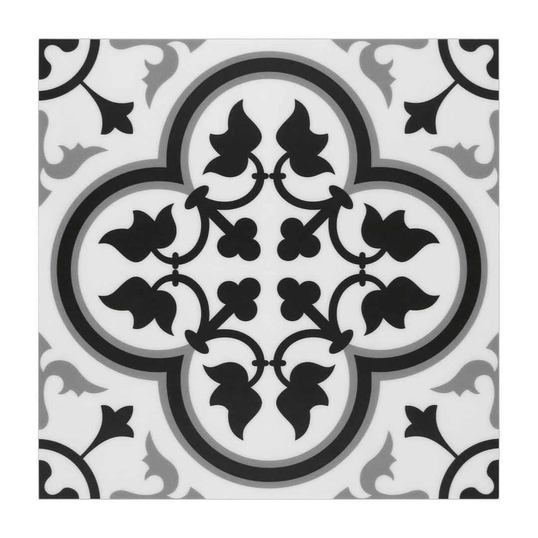 Peel & Stick SPC Vinyl Self-Adhesive Flooring - 9x9In Black & White Encaustic Patterned Groutless Backsplash - 16 Tiles, 9.12 Sq Ft
