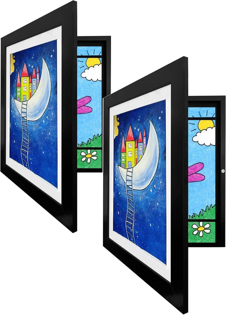 Kids Art Frame, Kids Artwork Frames Changeable, Art Frames for Kids Art, 8.5x11 Front Loading Art Black Frame Holds Art Display 150 Pieces (BLACK -2-Pack)