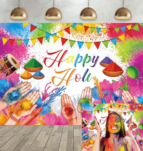 Happy Holi Photo Backdrop Hindu Colorful Powder Graffiti Handprint Photography Background for India Festival Party Decoration Supplies Cake Table Decor Banner (7X5FT)