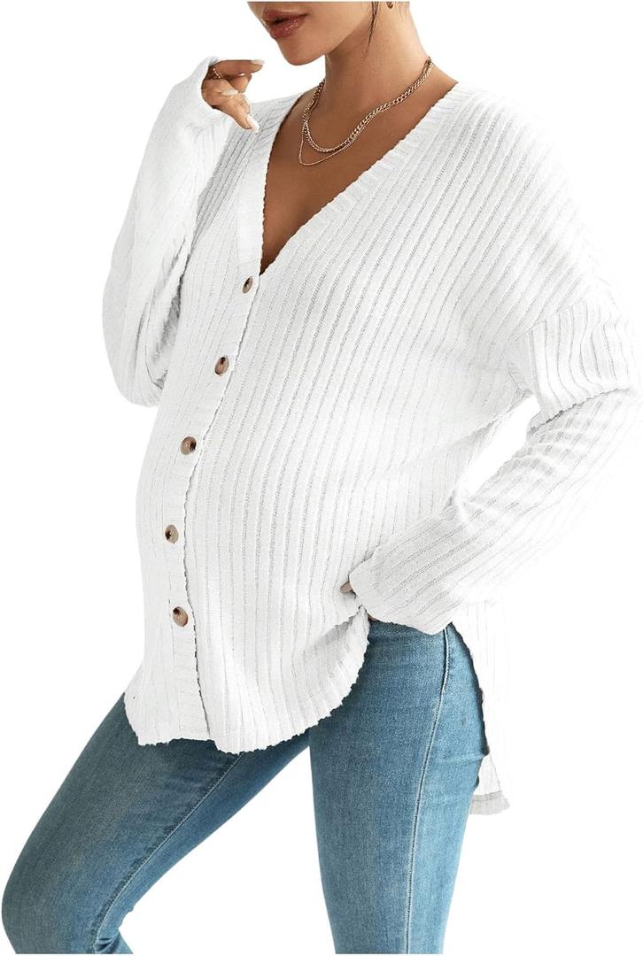 MakeMeChic Women's Maternity Shirts Knit Button Down Nursing Top Fall Maternity Clothes (White), Small