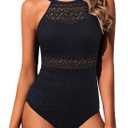 Holipick Crochet Tummy Control One Piece Swimsuit Modest Bathing Suit High Neck Full Coverage Swimwear (Black, L)