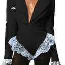 VOIKERDR Black Bodysuit Women Patchwork Lace Long Sleeve V Neck Bodysuit Top Sexy Going Out Outfits (Small)
