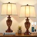 Lamps for Night Stands Set of 2-23.5" Vintage Bedside Lamp with USB A+C and Nightlight - Brown Retro Carved Resin Farmhouse Desk Lamp for Bedrooms, End Tables, Living Room, Bulbs Included
