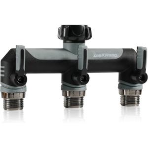 Full Flow Heavy Duty 3 Way Hose Splitter, Rugged Garden Faucet Adapter, Spout Diverter T - Way Adapter with Extended Handle, 3/4 GHT Thread, Grey