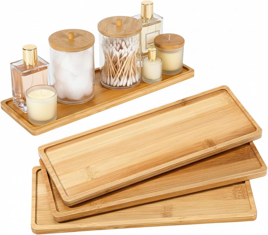 Chengu 3 Pcs Bamboo Vanity Trays for Bathroom Small Wooden Serving Tray for Bathroom Counter Food Appetizer Tea Dessert Kitchen Candle Tissue Toilet Tank Home Decor, 11 x 4 Inch(Rectangle Edge Style)