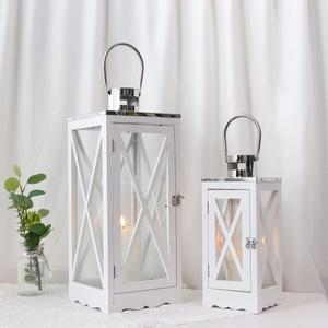 TRIROCKS Set of 2 Farmhouse Wood Lantern 17.5''&24.5'' Metal Decorative Outdoor Lantern with Tempered Glass Rustic Candle Holder for Thanksgiving Christmas Patio Garden Indoor Outdoor(White Rectangle)