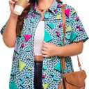 Plus Size 80s 90s Outfits for Women 90s Theme Party Disco Shirt 80s Hawaiian T-Shirt Retro Neon Button Down Blouse Tops (XXL)