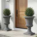 Urn Planters 22", Set of 2, Tall Stone-Resin Pedestal Planters for Outdoor Plants, Large Front Porch Decor, Patio Garden Pots, Outdoor Urns for Entryway, Porch & Deck, Grey Plant Pot, 21.5 inch high