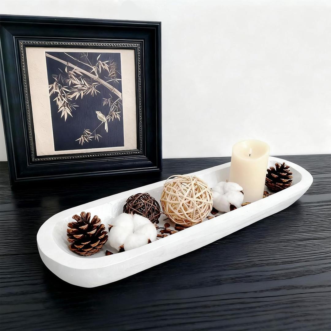 Wooden Dough Bowls DecorativeRustic Bread Long Bowls Decor Wood Tray, Hand Carved For Table Centerpiece Decor, Home Decor(20 * 6 * 2 inch white)