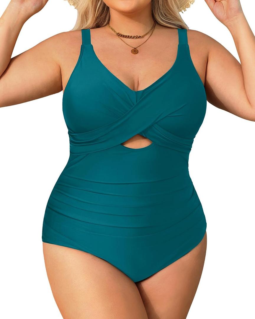 Daci Plus Size One Piece Swimsuits - Tummy Control Bathing Suit for Women Cutout Swimwear (Teal) Daci Plus Size One Piece Swimsuits - Tummy Control Bathing Suit for Women Cutout Swimwear (Teal)