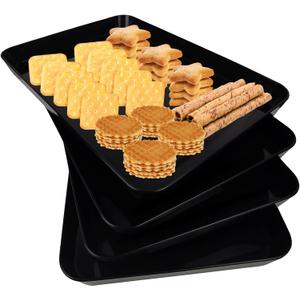 greenandlife 4 pcs 16" x 11" Large Serving Trays for Party Supplies, Plastic Platters for Serving Food, Unbreakable Reusable Trays for Snack, Fruit, Cookies, Desserts in Kitchen, BPA Free, Black