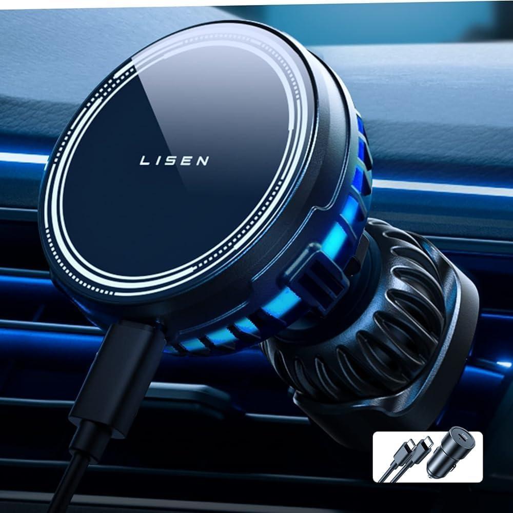 LISEN for MagSafe Car Mount Charger, 15W Wireless Car Charger Mount, [Update] Cooling Fan MagSafe Car Charger Hands Free iPhone Car Holder Mount Fit for iPhone 16 15 14 13 12 Pro Max Plus Mini, Black