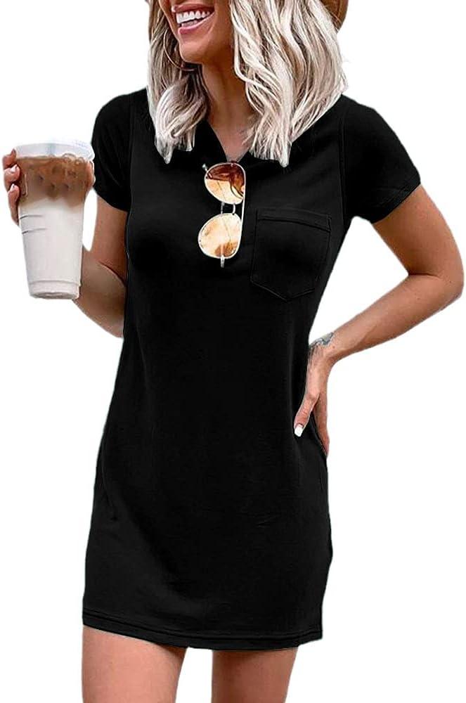 Ladiyo Women T Shirt Dress Summer Fashion Mini Dress Crew Neck Short Sleeve Dress Solid Color Casual Dress with Pocket (X-Large)