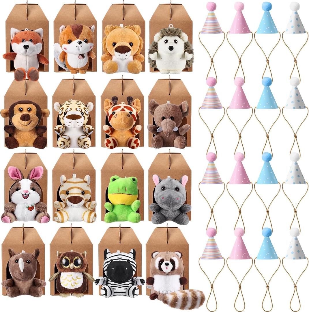 Seenelling 48 Pcs Mini Safari Animals Set Forest Bulk Adopt a Pet Party Favors Jungle Animal with Birthday Hats Paper Boxes for Animal Theme Favor Birthday Party Gift