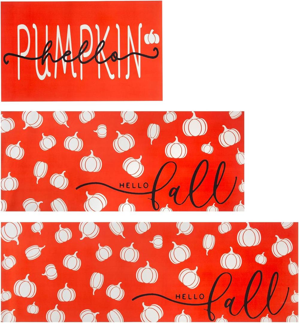 Fall Pumpkin Rubber Kitchen Rugs Set of 3,Non Slip Washable Mats Set for Home Floor Autumn Harvest Thanksgiving Day Decoration(Fall Orange, 20"x32"+20"x48"+20"x59")