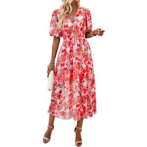 Womens Floral Flowy Wrap V Neck Midi Dress Short Sleeve Elastic Waist Casual Spring Summer Dresses for Women 2025 (S)