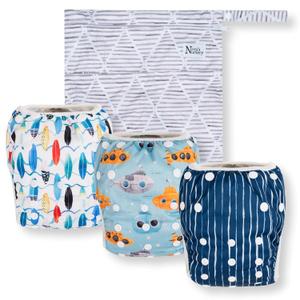 Nora's Nursery Reusable Swim Diapers and Wet Bag - One Size Fully Adjustable - Seaside Unisex 3 Pack with Wet Bag