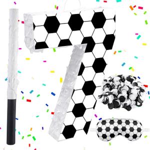 16Inch Soccer Ball Number 7 Piata Includes Wooden Stick, Blindfold, and Confetti for for Kids 7th Anniversary Sport Themed Party Birthday Supplies