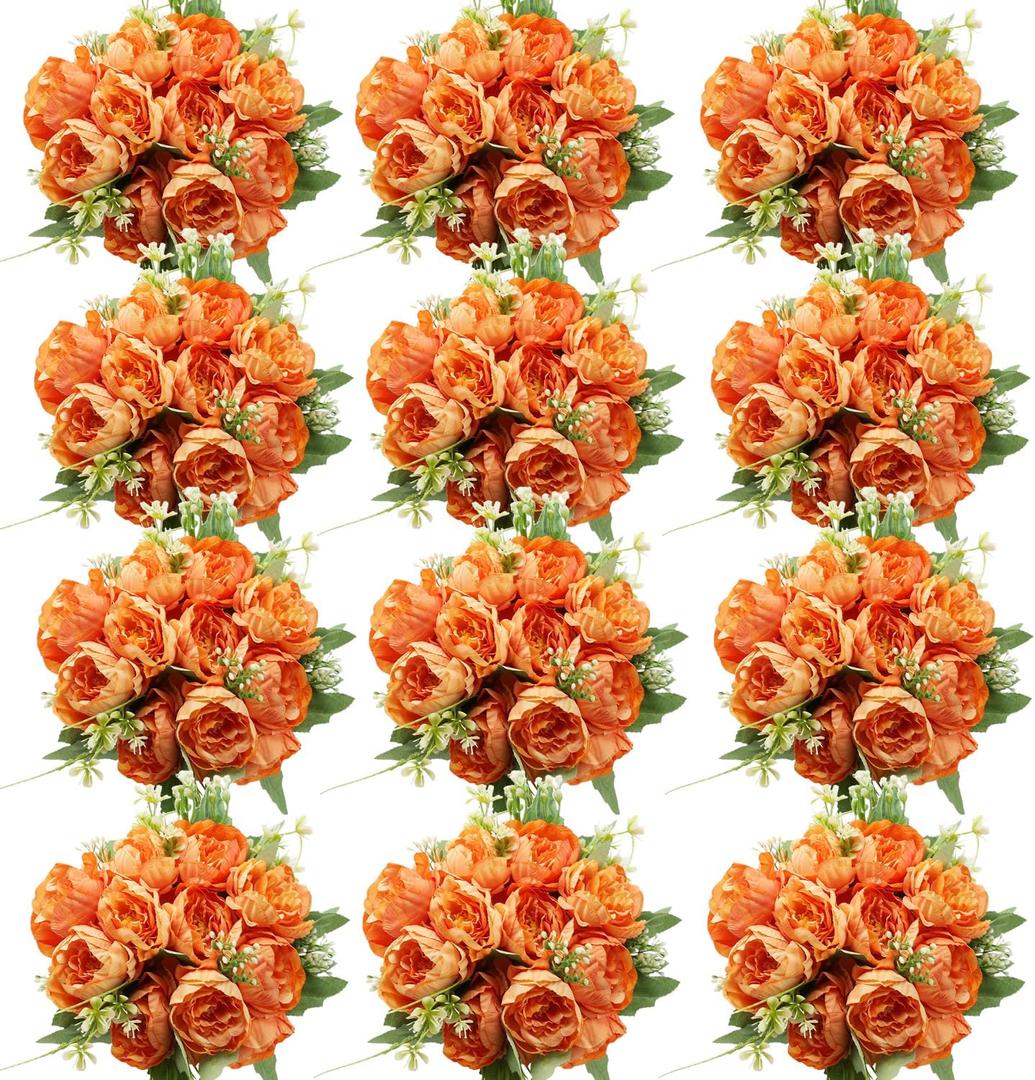 12 Packs Fall Peonies Artificial Flowers, Faux Peony Bouquet Silk Peonies Flowers for Centerpiece Table Wedding Party Home Decor (Orange)