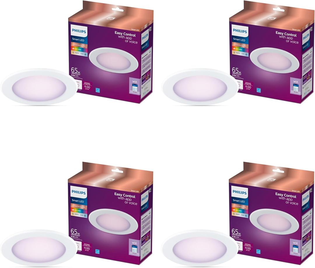 Philips Smart 5-6 Inch Retrofit Recessed Downlight 4-Pack, 750 Lumens, LED Color Changing Lights, Connects to Wi-Fi, Control with Voice or App, Powered by WiZ Connected