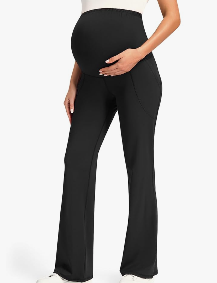 JOYSPELS Smooth Feeling Maternity Bootcut Pants with Pockets Over The Belly Flare Maternity Leggings Pregnancy Yoga Pants Size M