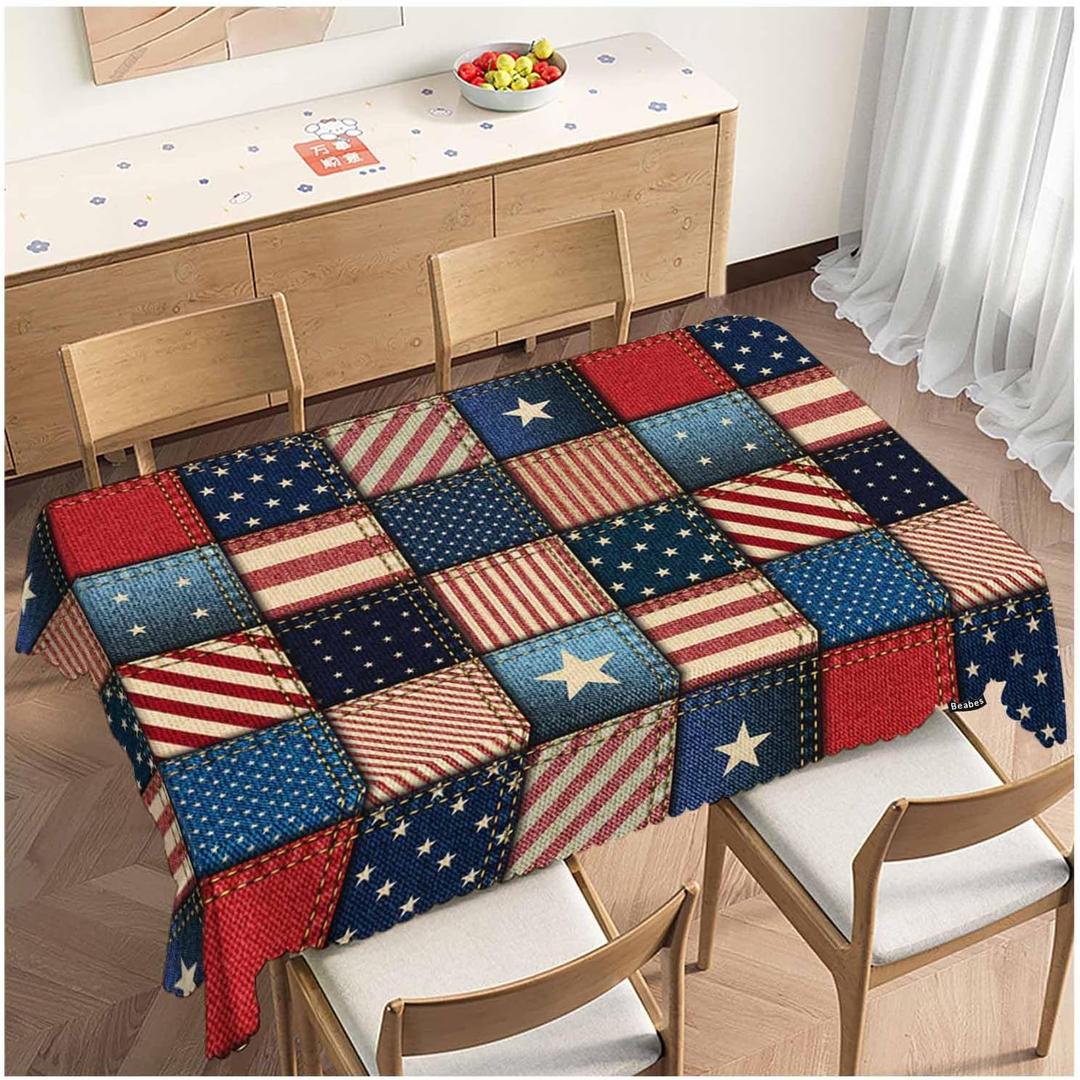 American Flag Tablecloth for Rectangle Tables Denim Patchwork of American Flag Picnic Table Cover Indoor and Outdoor Table Cloth Camping Tablecloths for Dinner Kitchen 82x60