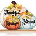 3 Pcs Fall Pumpkin Decor Wooden Table Sign Thankful Blessed Grateful Tabletop for Autumn Farmhouse Vintage Thanksgiving Harvest Party Rustic Home Room Table Shelf Halloween Decorations