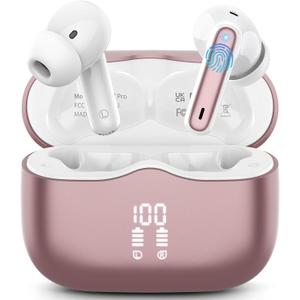 Wireless Earbuds, Bluetooth 5.4 Headphones in Ear with 4 ENC Noise Cancelling Mic, New Wireless Earphones HiFi Stereo Deep Bass 40H Playtime, In-Ear Bluetooth Earbuds LED Display IP7, USB-C, Rose Gold
