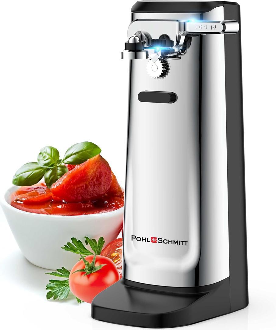 POHL SCHMITT Electric Can Opener, Knife Sharpener & Bottle Opener, Easy Push Down Lever, Works with Standard And Pop-Top Cans, Durable Stainless Steel & ABS Kitchen Accessory, Stainless Steel