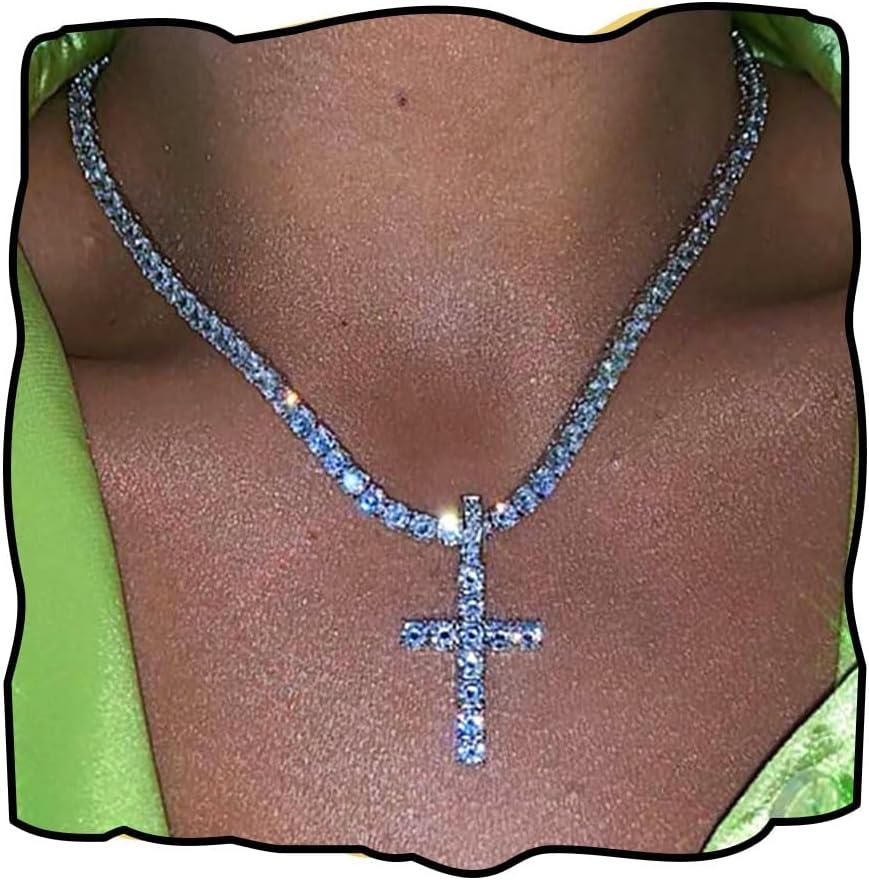 Gangel Silver Vertical Cross Tennis Necklace Glittering Chain Simple Fashion Pendant Exquisite Choker Jewelry with Rhinestone for Women (Pack of 1)