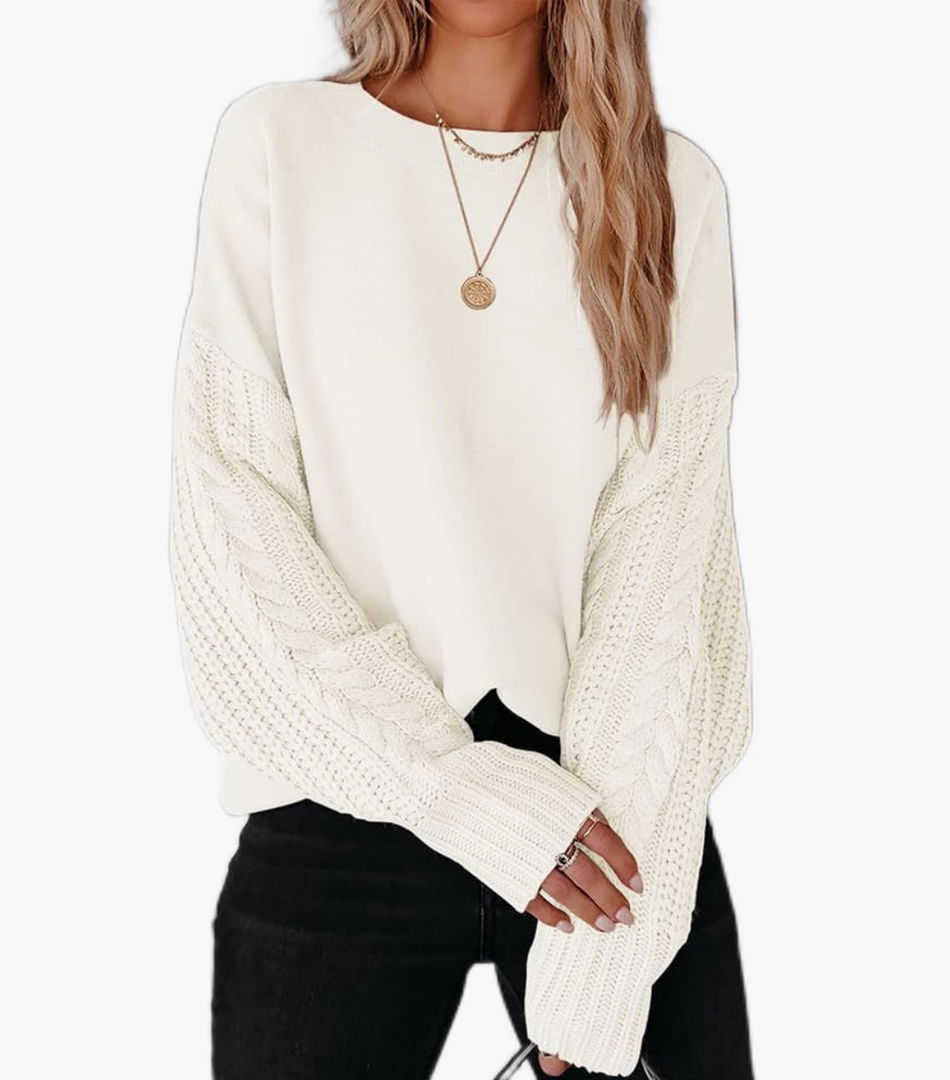 Women's 2025 Fall Long Sleeve Crew Neck Solid Color Cable Knit Chunky Casual Oversized Pullover Sweater Tops, Size 2XL
