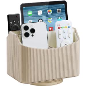 PU Leather Remote Control Holder, 360 Degree Rotating Desk Organizer Storage Table Remote Caddy, Spinning Bedside Organizer Nightstand Organizer for Desktop Office Home (Beige)