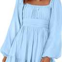 Dokotoo Womens Dress Long Lantern Sleeve Square Neck Tie Backless Sexy Dress Ruffle Elastic Waist A-Line Mini Dress (Blue, M)