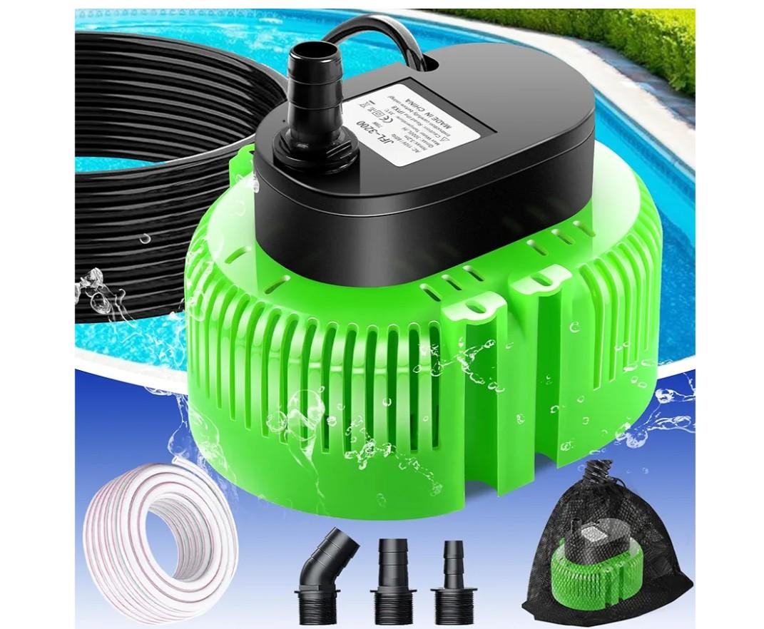 Pool Cover Pump above Ground-Submersible Sump Pump Swimming Water Removal Pumps, Sump Pumps for Pool Draining with 16ft Drainage Hose & 25 ft Extra Long Power Cord,850 GPH,3 Adapters-Green