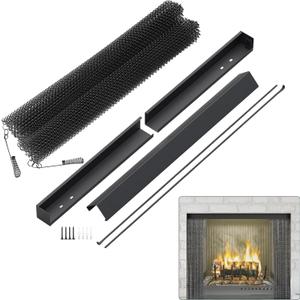 Fireplace Screen Mesh Curtain Two 24" Wide 20" High Panels (Black) and Adjustable Rod and Valance Kit for Fireplace Mesh