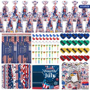 Hiawbon 375PCS Independence Day Stationery Set 40Pack Independence Memorial Day Goodie Bags with Stationery, Patriotic Goodie Bags Stuffers, 4th of July Greeting Cards Pencils Bracelet Stickers