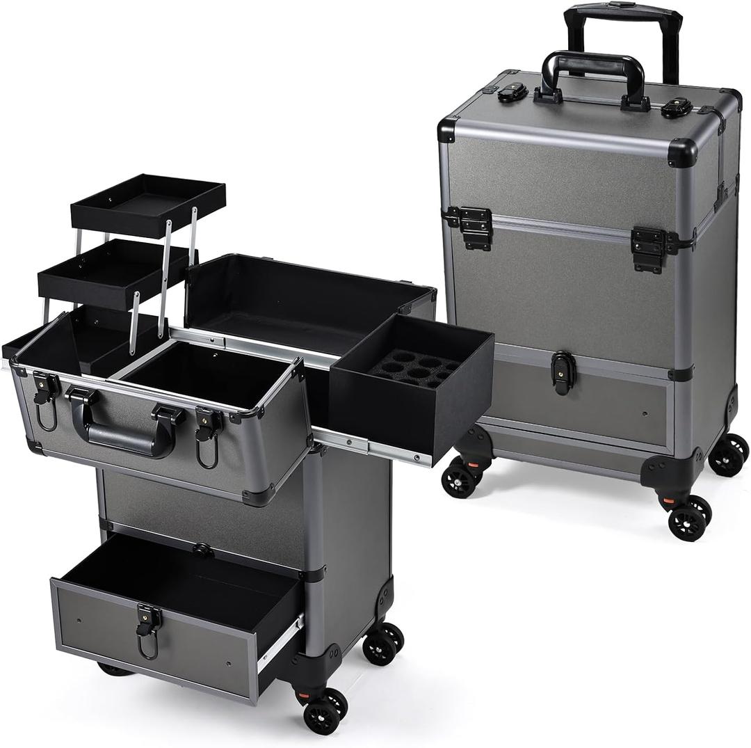 Hododou Rolling Makeup Case Cosmetic Travel Trolley Storage Sliding Drawer 4 Tray Makeup Travel Case with Wheels Salon Barber Case Traveling Cart Trunk for Cosmetologist Nail Tech Hairstylist Grey
