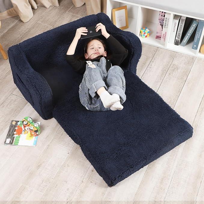 MOMCAYWEX Kids Extra Wide Chairs for Toddler, 2-in-1 Toddler Soft Sherpa Couch Fold Out, Convertible Sofa to Lounger for Girls and Boys, Dark Blue